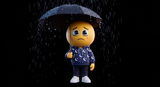 Sad 3d yellow emoji character standing in the rain holding an umbrella wearing a moon and star patterned hoodie