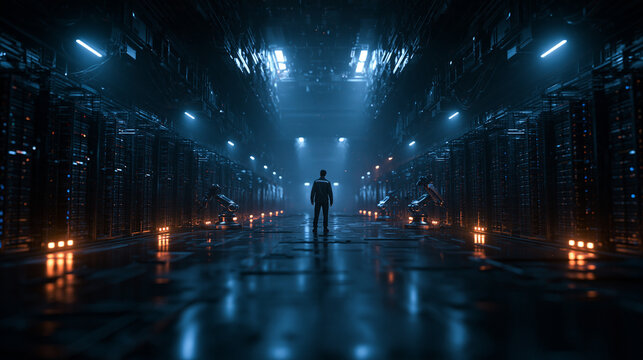 Silhouette of Engineer in Futuristic Server Room Data Center