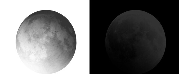 Full moon lunar eclipse illustration, celestial satellite phases on black and white backgrounds, astronomical lunar surface textures © Smart Studio