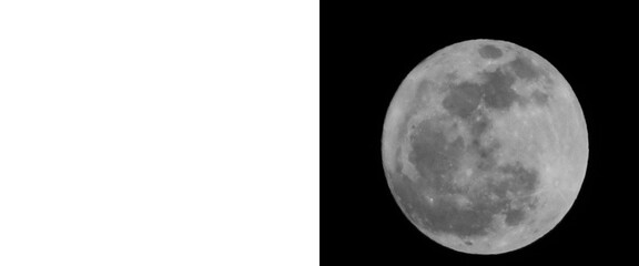 Full moon illustration on black background, realistic lunar surface with craters and grey textures, glowing celestial sphere in dark night sky © Smart Studio