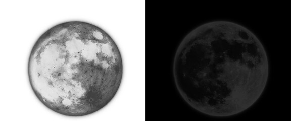 Full moon celestial illustration set, monochrome lunar surface textures on black and white backgrounds, detailed astronomical moon spheres © Smart Studio