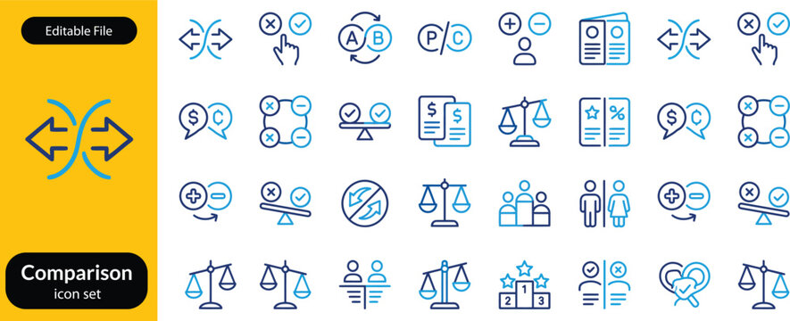Comparison line icon set. Side-by-side compare, slider, A B test, file merge minimal vector illustrations. Simple outline signs for UI contrast analysis. Blue duotone color. Editable Stroke