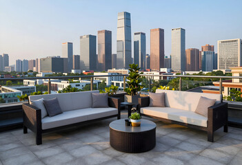 Obraz premium Urban lifestyle and luxury real estate, modern rooftop terrace with outdoor furniture overlooking a city skyline at sunset for high end living