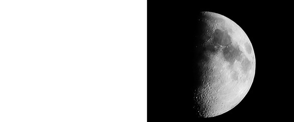 Realistic half moon in first quarter phase, detailed lunar surface with craters on black background, astronomical celestial body illustration © Smart Studio