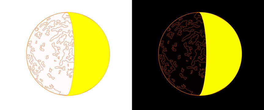 Minimalist moon phase illustration set, yellow lunar crescent icons on white and black backgrounds, celestial astronomical vector graphics