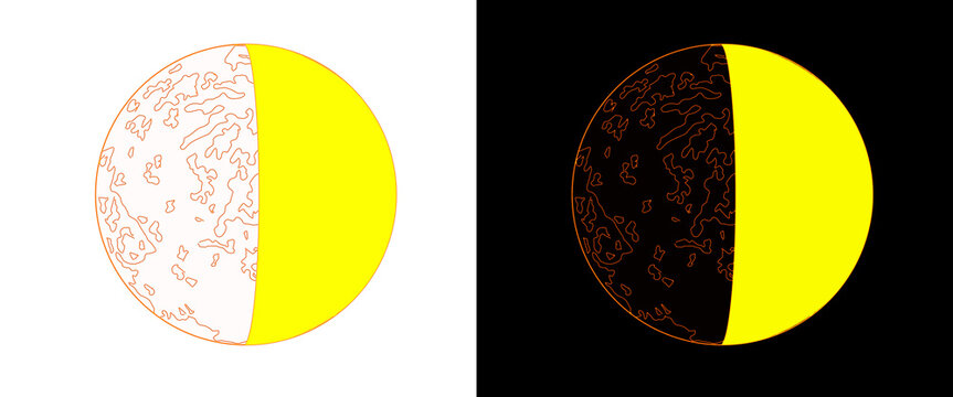 Minimalist moon phase illustration set, yellow lunar cycle icons on black and white backgrounds, celestial astronomical vector graphics