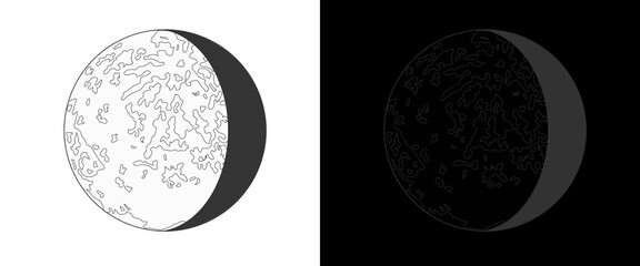 Minimalist moon phase illustration set, black and white lunar surface line art, waxing gibbous moon icons for celestial design and astronomy projects © Smart Studio