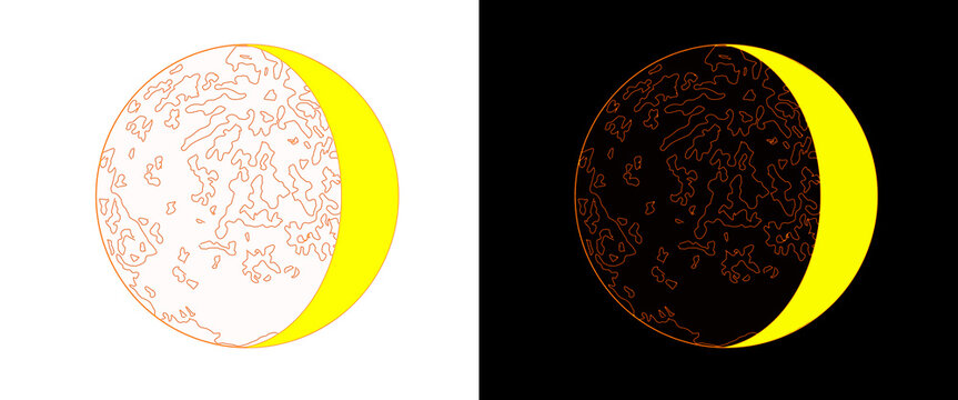 Minimalist crescent moon illustration set, celestial lunar phase icons with crater texture, yellow and white astronomical vector graphics