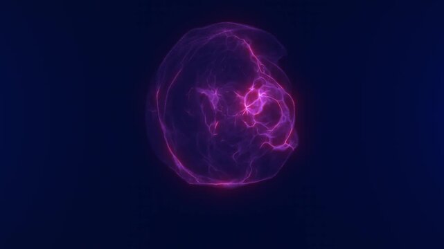 Abstract purple plasma sphere with glowing electric filaments on a dark blue background, representing cosmic power, quantum energy, and futuristic science.