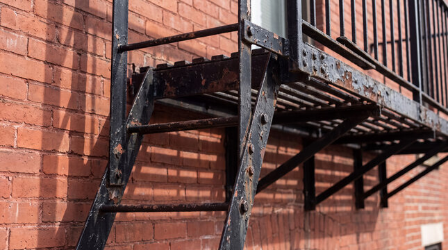 Rusty fire escape on old brick building wall creating urban texture and architectural detail