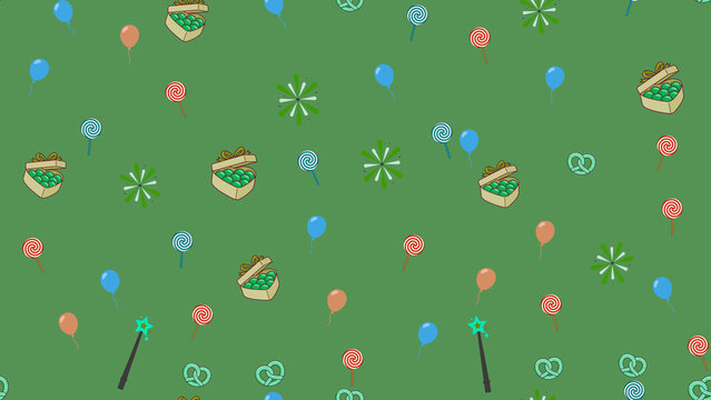 Party elements seamless pattern on green background