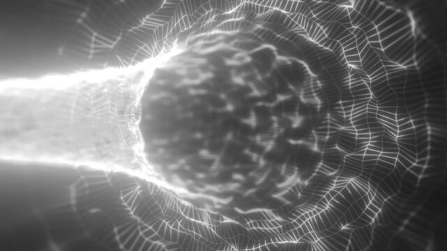 Abstract monochrome wireframe tunnel with glowing mesh waves and warped geometric surfaces