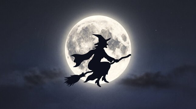 Silhouette of a witch flying on a broomstick against a full moon at night