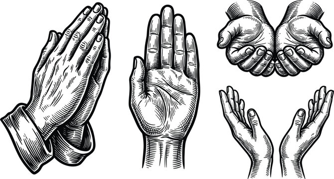 Vintage praying hands vector set featuring detailed woodcut engraving illustration of cupped raised and blessing hand gestures