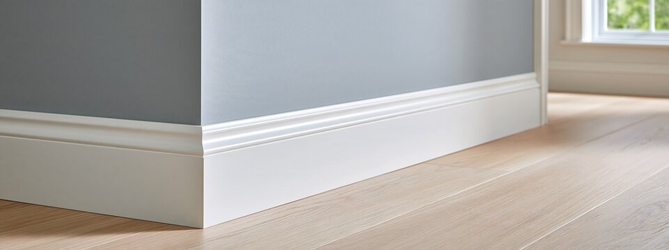 Modern white baseboard molding corner in minimalist room interior design