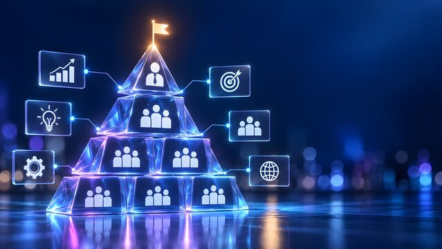 Futuristic glowing business pyramid representing corporate hierarchy and leadership team structure with digital strategy icons over city skyline