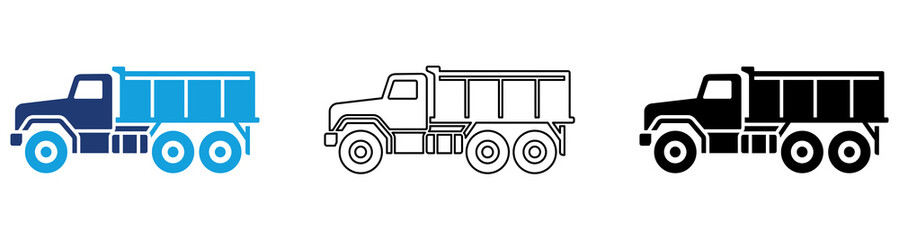 Multicolor Dump Truck Icon Set with Filled and Outline Styles for Construction Transportation Heavy Equipment Mining Operations and Industrial Logistics Isolated on Transparent Background © Kasmiri