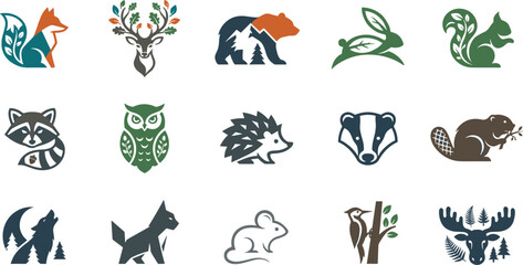 Fototapeta premium Forest Wildlife and Woodland Animal Icon Set with Nature Wilderness Logos for Camping Brands Outdoor Adventure Websites Apps and Creative Vector Designs