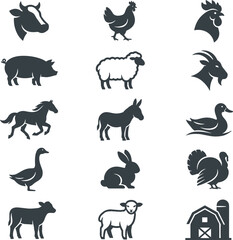 Obraz premium Farm Animals Silhouette Icon Set with Barn Symbol for Livestock Farming Agriculture Website Design Apps Branding and Ranch Graphic Elements
