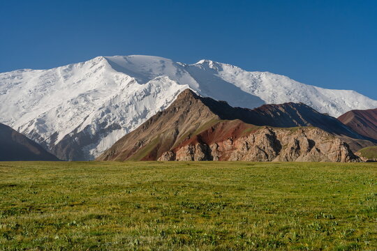 Lenin Peak view from Achik-Tash in the morning, Kyrgyzstan, summer