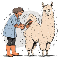Fototapeta premium Woman brushing fluffy llama wool in hand drawn illustration style