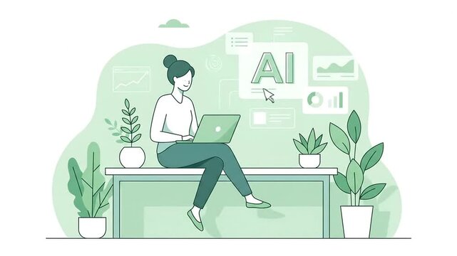 Woman using laptop with artificial intelligence software interface