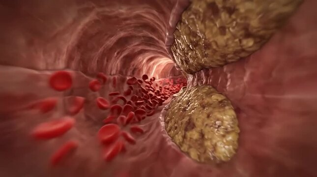 Red blood cells flowing through a clogged artery with plaque