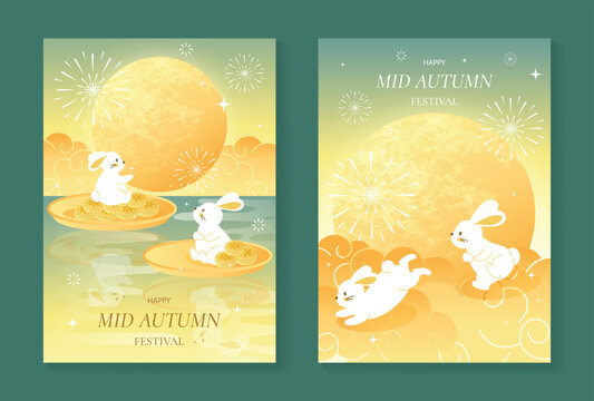 Mid-Autumn Festival vector poster set with rabbits, golden full moon, water landscape and fireworks on green backgrounds for festive greeting cards.