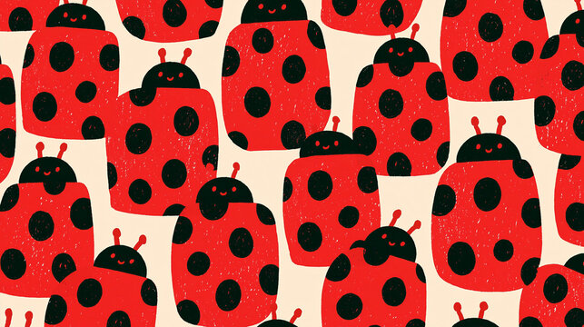 Colorful ladybug pattern with cheerful faces and polka dots on a light background.
