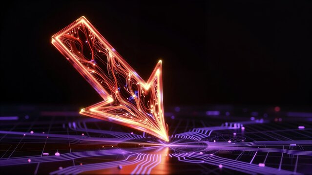 Glowing orange arrow descends on futuristic circuit board, neon lights illuminate the tech landscape.