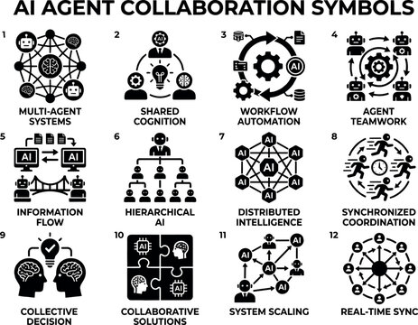 AI Agent Collaboration Icon Set &ndash; 12 Black Vector Icons for Multi-Agent Systems and Machine Learning
