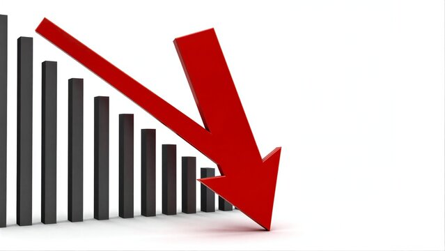 Red arrow points down over declining grey bars, symbolizing market downturn.