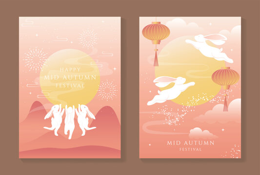 Mid-Autumn Festival vector poster set with rabbits, lanterns, clouds and full moon in soft peach and coral colors for Asian holiday greeting cards.