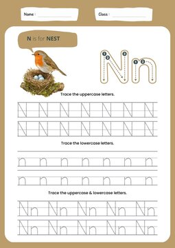 Educational worksheet for children to practice writing and tracing uppercase and lowercase letter N. Printable handwriting practice activity page designed for preschool, kindergarten, and early elemen