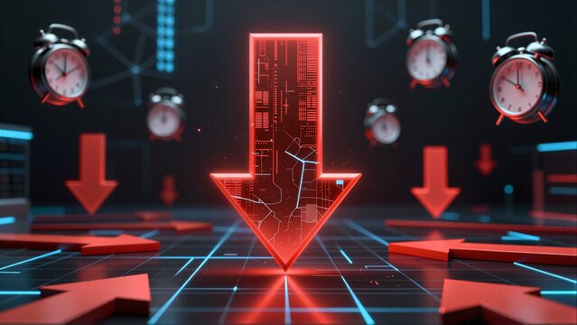 Digital arrow points down amid clocks and data, symbolizing decline or urgency.
