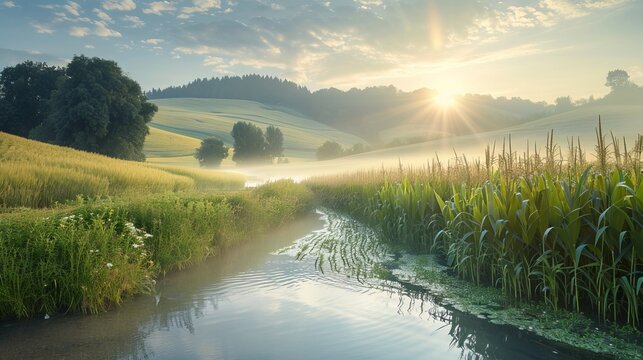 Modern irrigation system in expansive agricultural landscape enhances crop yields under sunny skies