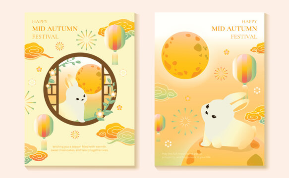 Mid-Autumn Festival vector poster set with cute rabbits, lanterns, mooncake and circular window in cream and orange for festive holiday cards.