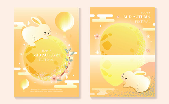 Mid-Autumn Festival vector poster set with cute rabbits, glowing moon, flowers and warm peach yellow colors for cheerful Asian holiday greeting cards.