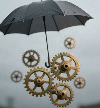 Surreal floating umbrella with golden gears falling from sky, conceptual steampunk artwork symbolizing time, mechanism and protection against changing weather
