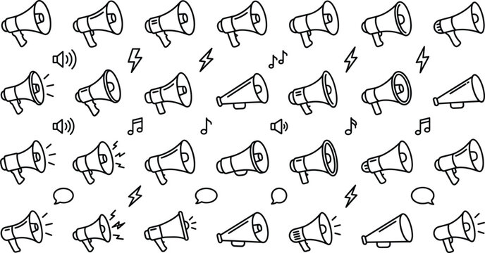 Megaphone and loudspeaker seamless pattern vector icon background with sound wave lightning musical note speech bubble doodles