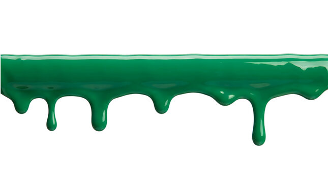 Green paint dripping in thick wet drops, vibrant emerald liquid acrylic flowing down, artistic paint border for creative design projects isolated PNG with Transparent Background