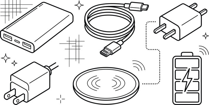 Mobile device charging line art vector icon illustration set with power bank wireless pad cable and adapter elements