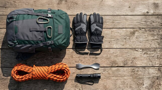 Hiking gear and mountain climbing equipment laid out on wooden planks