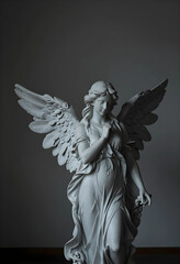 Fototapeta premium Spirituality and peace, marble angel statue with wings in a serene pose for religious reflection, memorial art and divine grace in a quiet interior