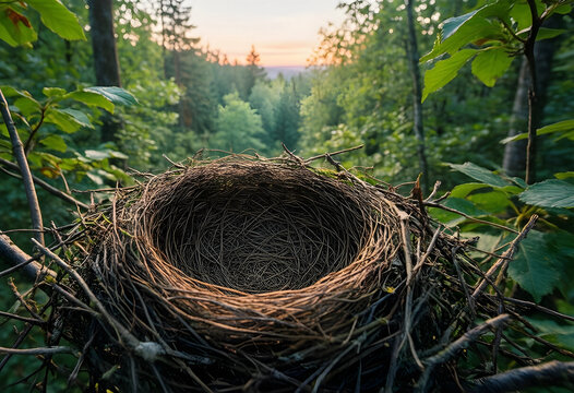 New beginnings and growth concept empty bird nest in a forest at sunrise home family parenting and the cycle of life in nature