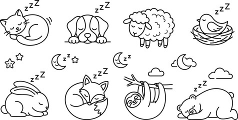 Fototapeta premium Sleeping animals line icon set with cute cat dog sheep bird rabbit fox sloth and bear nighttime symbols