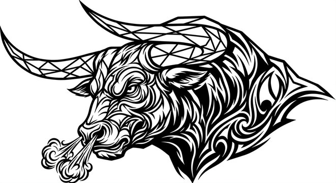 An intricate tribal ornamental bull head profile snorting smoke with flared nostrils, featuring dynamic jagged patterns on the long sharp horns isolated on a white background.
