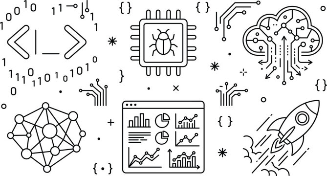 Software programming development line icon set with code brackets bug microchip cloud database dashboard analytics and startup rocket