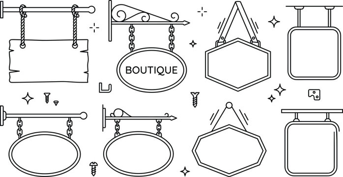 Vintage signboard hanging plaque line icon set with boutique shop sign wooden board iron chain and bracket elements