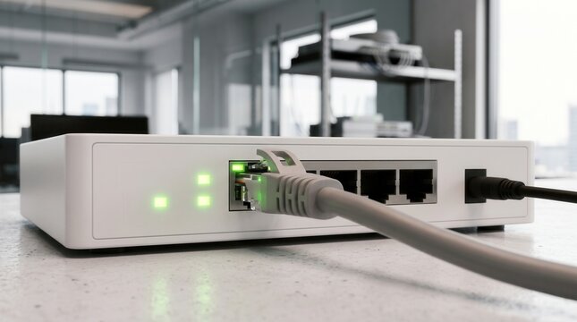 Modern network router with connected cable in office environment